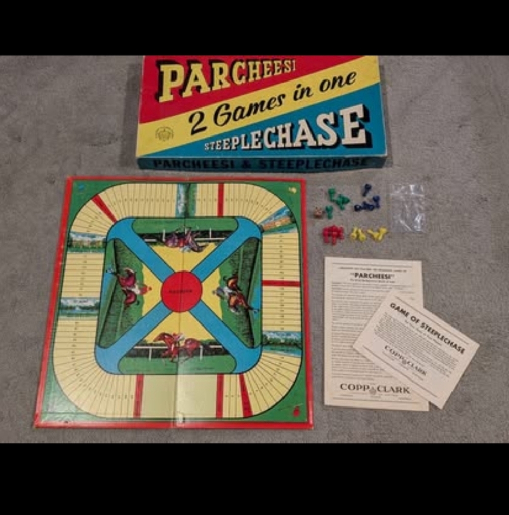 1960's Copp Clark 2 Games in 1- Steeplechase and Parcheesi - Complete!